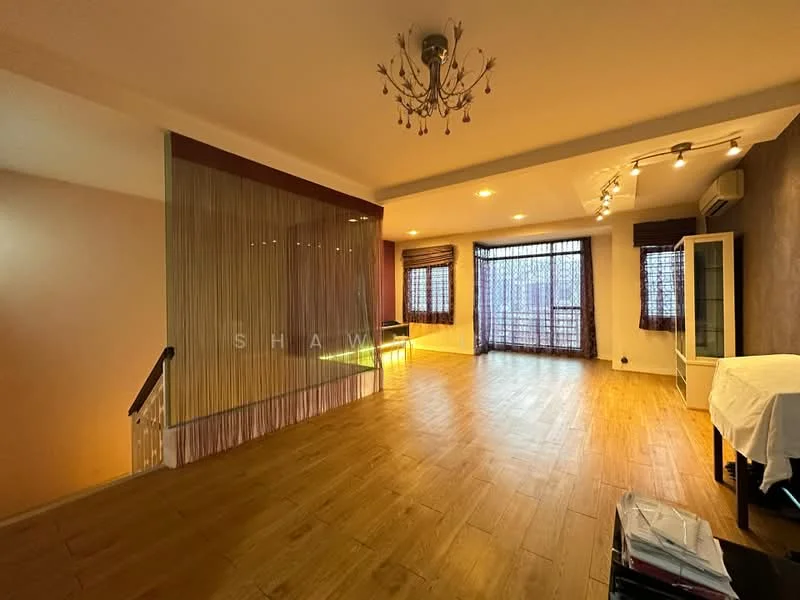 Living features: wooden flooring, chandelier, recessed lighting, large windows with sheer curtains, glass partition wall, wall-mounted air conditioning unit, neutral wall color, open layout; style: modern.