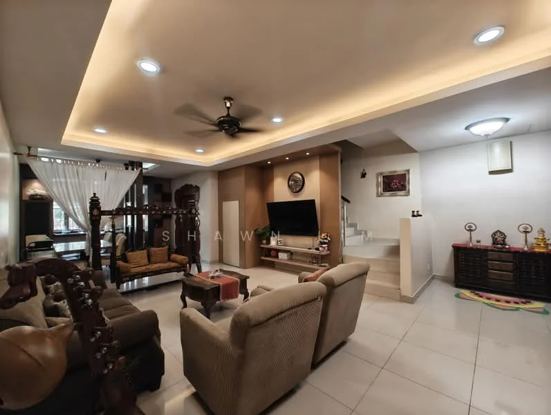 Living features: sofa in beige fabric, 3-seater sofa, 2-seater sofa, wooden coffee table, TV console, wall-mounted TV, ceiling fan with light, recessed downlights, cream painted walls, white tiled flooring, decorative wall art, curtains, wooden partition, staircase in background; style: modern.