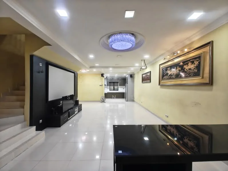 Living features: white painted walls, polished ceramic tile flooring, recessed downlights, chandelier, wall-mounted TV, black TV console, large framed artwork, open layout to kitchen, staircase leading to upper floor, glass dining table, decorative ceiling with crown moulding; style: modern.