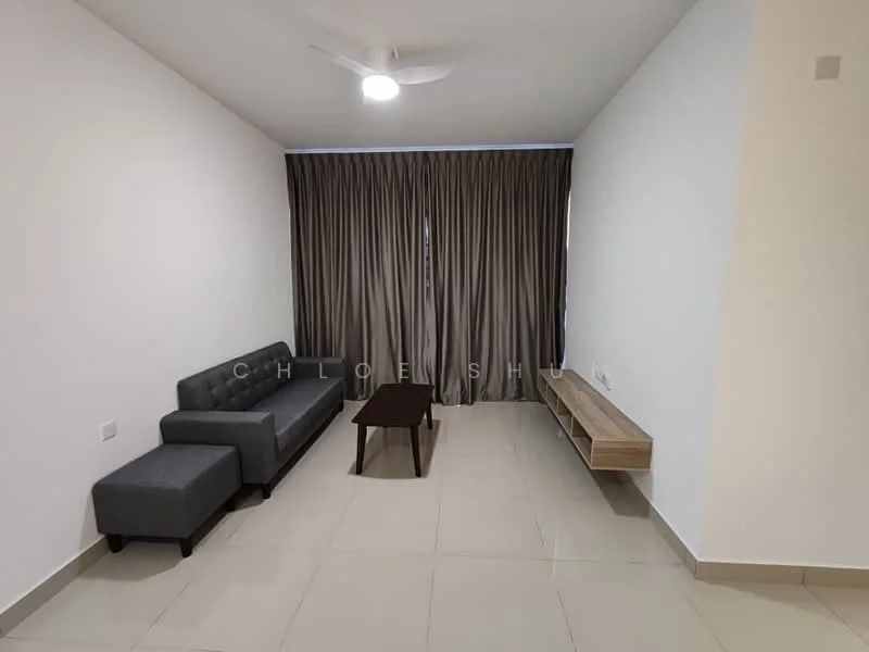 Living features: 3-seater fabric sofa in grey, coffee table, wall-mounted TV console, floor-to-ceiling windows, sheer curtains, light-colored tiled flooring, white painted walls, ceiling fan; style: modern.