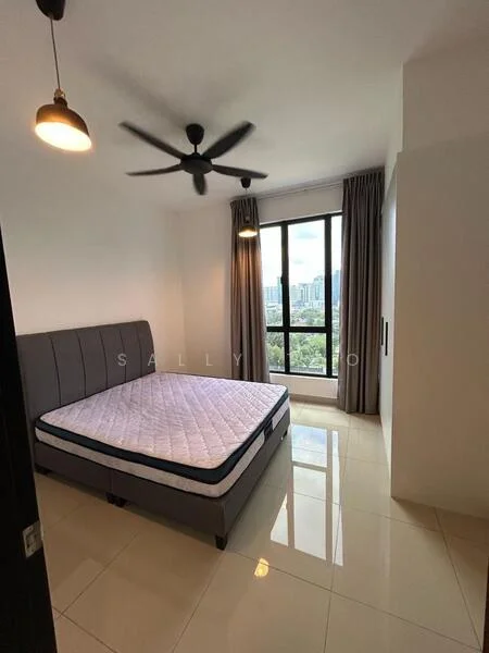Bedroom features: queen-size bed, upholstered headboard, floor-to-ceiling window, city view, grey curtains, 5-blade ceiling fan, recessed downlights, glossy tile flooring, built-in wardrobe; style: modern; view: city.