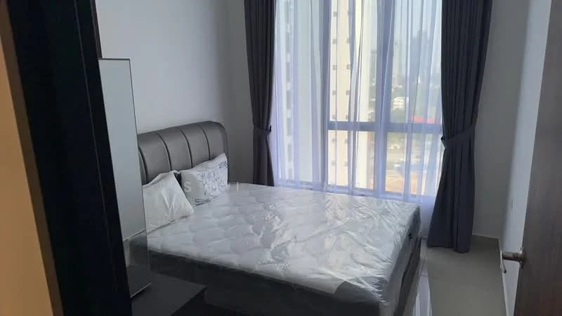 Bedroom features: king-size bed with upholstered headboard, white bedding, floor-to-ceiling windows, sheer curtains, dark grey blackout curtains, laminate flooring, nightstand, decorative pillows; style: modern; view: city.