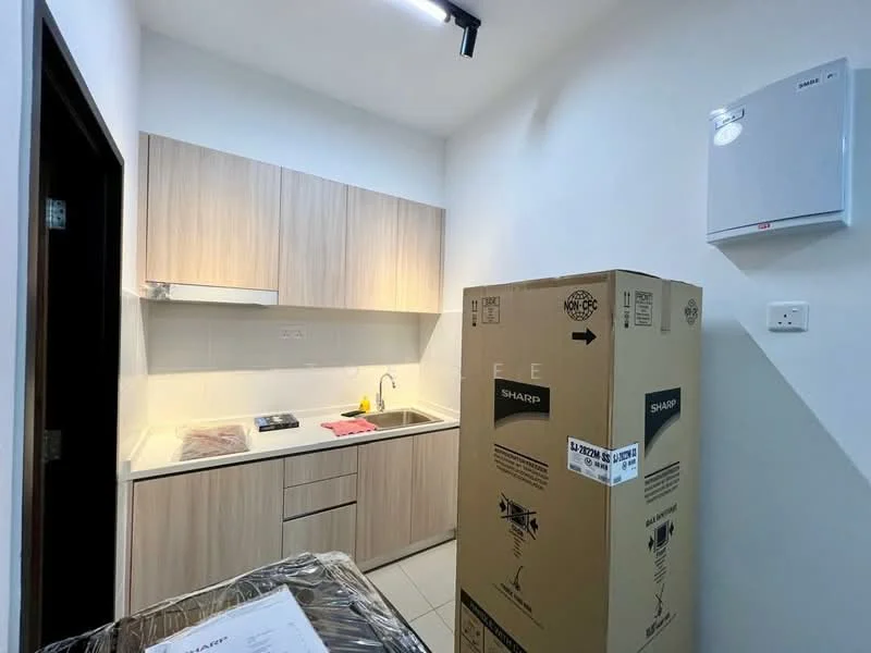 Kitchen features: light wood cabinetry, white countertop, single-bowl stainless-steel sink, chrome pull-down faucet, built-in gas stove, white tiled backsplash, wall-mounted electrical panel, grey tile flooring, under-cabinet lighting; style: modern.