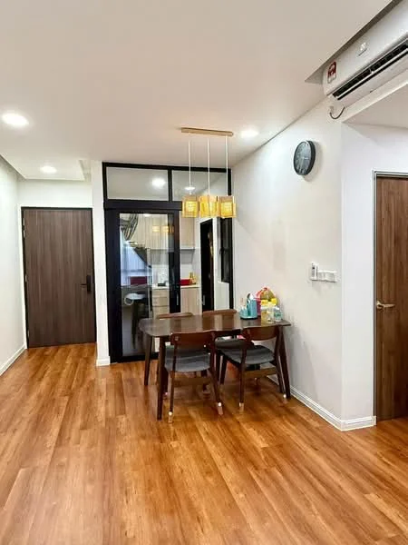 Dining features: wood laminate flooring, white painted walls, recessed downlights, pendant lighting above dining table, round dining table, 4 dining chairs, wall clock, glass sliding door, door leading to hallway, air conditioning unit on wall; style: modern.