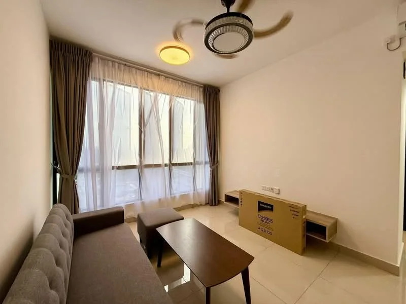 Living features: 3-seater fabric sofa in grey, coffee table, TV console, floor-to-ceiling windows, sheer curtains, ceiling fan with light, tile flooring, wall-mounted TV, decorative light fixture; style: modern.