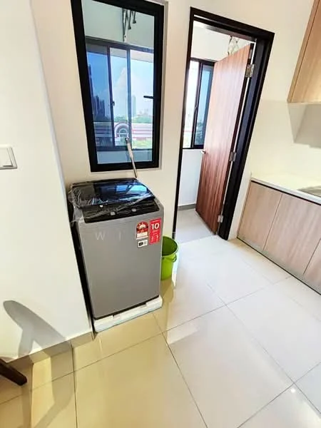 Laundry features: top-load washing machine in silver, window with city view, white tiled flooring, light wood cabinetry, door leading to another room, green trash bin; style: modern; view: city.