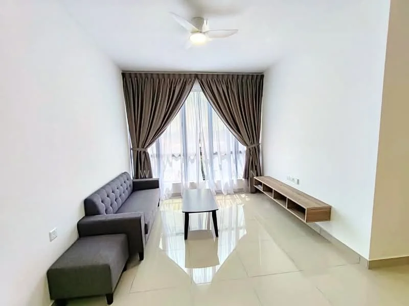 Living features: grey fabric 3-seater sofa, black coffee table, wooden TV console, floor-to-ceiling windows, sheer curtains, dark brown curtains, white painted walls, glossy tile flooring, ceiling fan with light; style: modern.