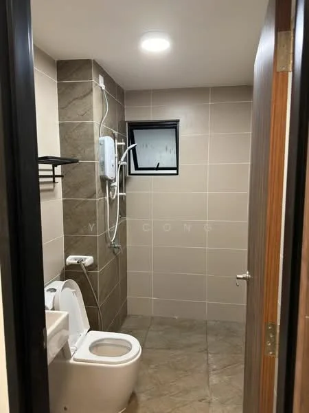 Bathroom features: wall-mounted shower with handheld showerhead, toilet, single-sink vanity with mirror, tile flooring, light fixture in ceiling, window, tiled walls, shelf above toilet; style: modern.