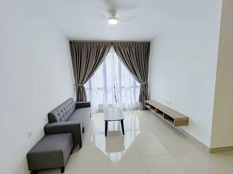 Living features: grey fabric 3-seater sofa, white walls, cream curtains, floor-to-ceiling windows, white ceiling, ceiling fan with light, glossy tile flooring, wooden TV console; style: modern.