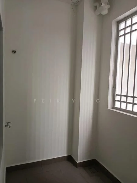 Room features: white painted walls, window with metal grille, brown tiled flooring, single wall-mounted faucet.