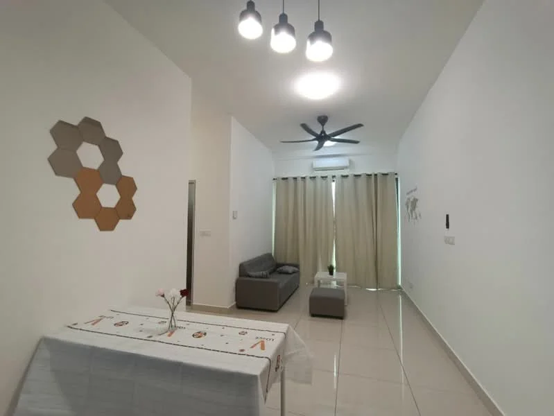 Living features: white painted walls, glossy tile flooring, 5-blade ceiling fan, recessed downlights, sofa in grey, coffee table, dining table with tablecloth, sheer curtains, decorative wall art, hexagonal wall decor; style: modern.