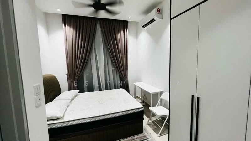 Bedroom features: queen-size bed with mattress, upholstered headboard, white bedding, floor-to-ceiling window, sheer curtains, dark brown curtains, white wall-mounted split AC, ceiling fan, white study desk, foldable chair, built-in wardrobe with sliding doors, area rug with geometric pattern, light-colored flooring; style: modern.