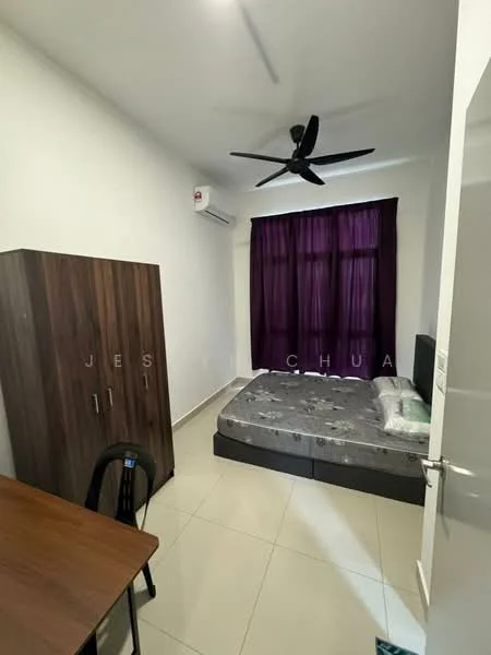 Bedroom features: queen-size bed, upholstered headboard, dark wood wardrobe, study desk, black chair, floor-to-ceiling window with purple curtains, wall-mounted split AC, light-colored tiled flooring, ceiling fan, decorative wall, neutral painted walls; style: modern.