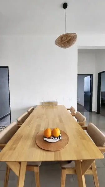 Dining features: long wooden dining table, 8 beige upholstered dining chairs, decorative round tray with oranges, pendant light fixture, white painted walls, grey tiled flooring, open layout, minimalist decor; style: minimalist.