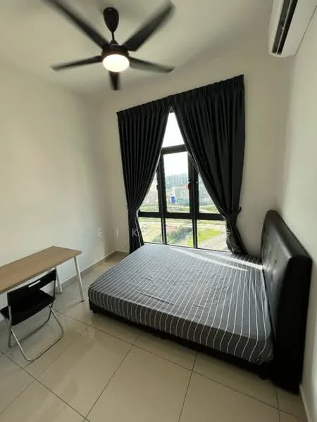 Bedroom features: queen-size bed, upholstered headboard, blackout curtains, floor-to-ceiling windows, ceiling fan with light, study desk, white walls, tile flooring, air conditioning unit; style: modern; view: city.