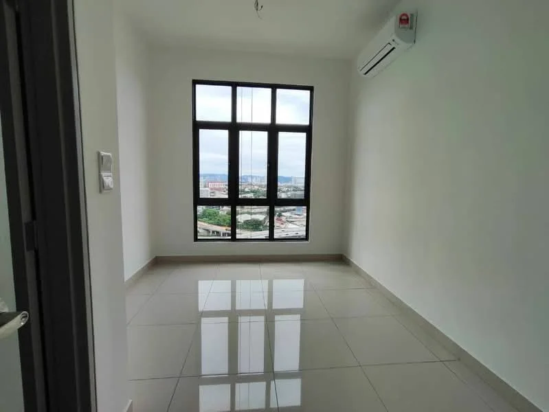 Room features: white painted walls, grey tiled flooring, floor-to-ceiling windows, 1 wall-mounted split AC, city view, no visible furniture, natural light from windows, minimalist design; style: modern; view: city.