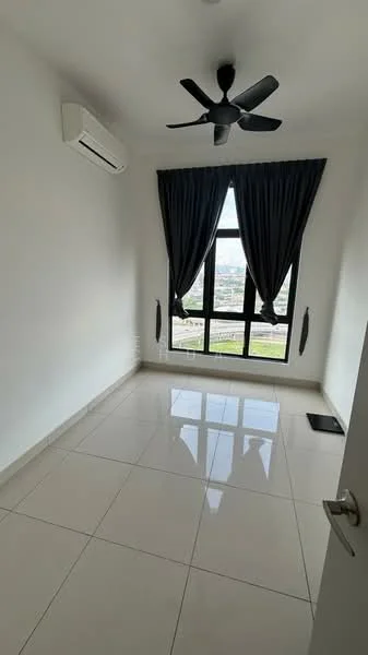 Room features: white painted walls, glossy ceramic tile flooring, 5-blade ceiling fan, floor-to-ceiling windows, blackout curtains, air conditioning unit, city view, neutral color scheme; style: modern; view: city.