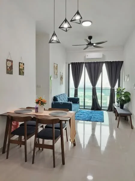Living features: 3-blade ceiling fan with light, recessed downlights, floor-to-ceiling windows, grey fabric sofa, wooden dining table, 4 wooden dining chairs, blue area rug, decorative wall art, potted plant, curtains, white painted walls, glossy tile flooring; style: modern; view: garden.