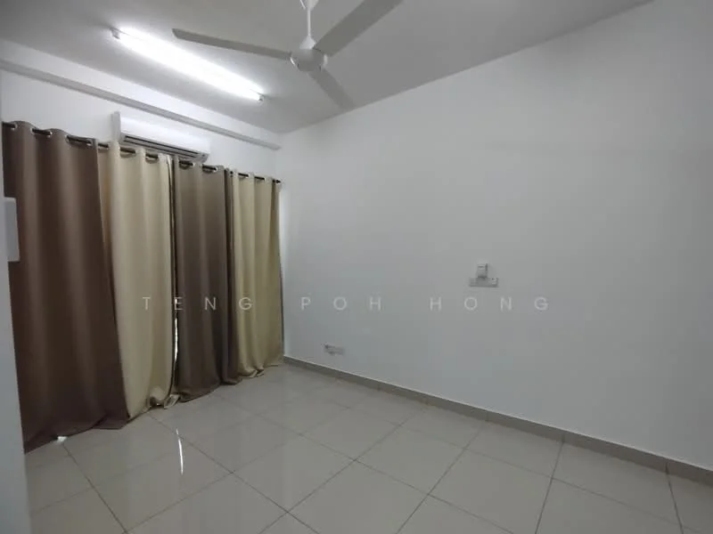 Room features: white painted walls, glossy ceramic tile flooring, ceiling fan, air conditioning unit, floor-to-ceiling curtains in beige and brown, light from ceiling lights; style: modern.