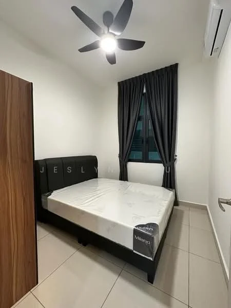 Bedroom features: queen-size bed, upholstered headboard, black bed frame, 2 bedside lamps, floor-to-ceiling window, blackout curtains, ceiling fan with light, air conditioning unit, light-colored walls, tile flooring, wooden wardrobe; style: modern.