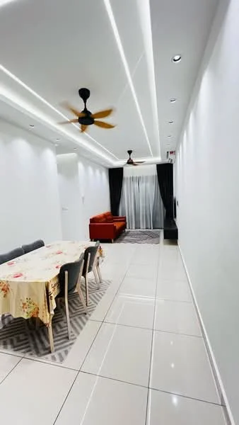 Living features: white painted walls, recessed lighting, 5-blade ceiling fan with light, large windows with sheer curtains, grey area rug, tile flooring, sofa in red, dining table with floral tablecloth, 4 dining chairs, TV console, decorative wall panel; style: modern.