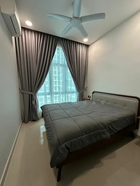 Bedroom features: king-size bed with grey bedding, upholstered headboard, floor-to-ceiling windows, sheer curtains, dark grey blackout curtains, 5-blade ceiling fan with light, wall-mounted split AC, light-coloured walls, glossy tile flooring, nightstand, decorative wall art; style: modern; view: city.