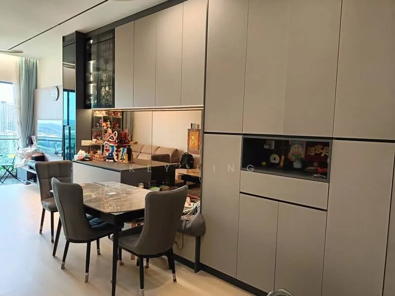 Dining features: light wood flooring, grey cabinetry, built-in storage cabinets, glass display cabinet, dining table with marble top, upholstered dining chairs, decorative items on shelves, large window with city view; style: modern; view: city.
