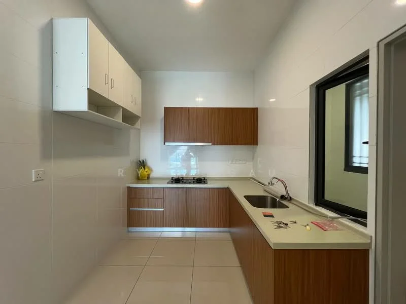 Kitchen features: white tiled walls, cream countertop, wood cabinetry with brown finish, built-in gas hob, stainless-steel sink, single-bowl stainless-steel sink, window above sink, under-cabinet lighting, floor tiles, open shelving, modern faucet; style: modern.
