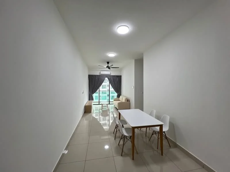 Dining features: white walls, glossy tile flooring, 5-blade ceiling fan with light, dining table with white surface, 4 white dining chairs, floor-to-ceiling windows, grey curtains, natural light, view of city skyline; style: modern; view: city.