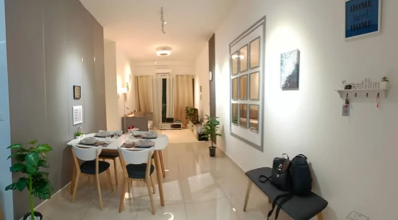 Dining features: 6-seater dining table, white dining chairs with wooden legs, decorative wall art, light grey accent wall, recessed ceiling lights, marble tile flooring, indoor plants in ceramic pots, wall-mounted decor with hooks, large windows with sheer curtains; style: modern. Living features: sofa in grey, coffee table, TV console, area rug, floor-to-ceiling windows, curtains, decorative wall mirror; style: modern.