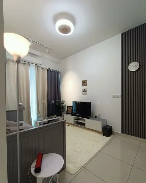 Living features: white painted walls, grey accent wall, tile flooring, recessed ceiling light, floor-to-ceiling windows with sheer curtains, light grey area rug, TV console, wall-mounted TV, decorative wall clock, standing lamp; style: modern.