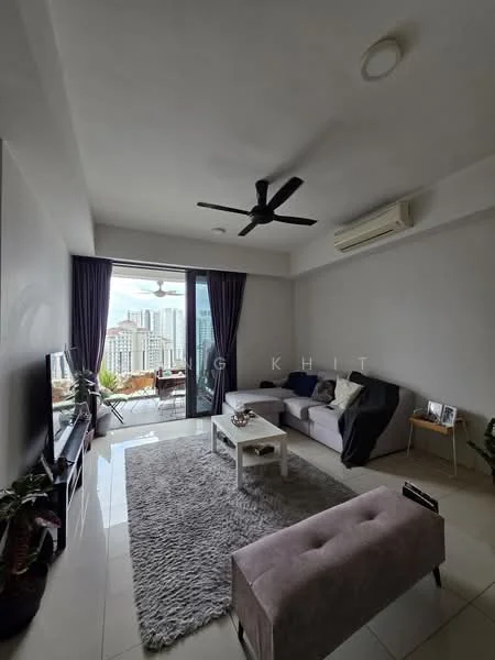 Living features: 3-seater fabric sofa in grey, 2-seater fabric sofa in beige, coffee table, TV console, wall-mounted TV, area rug with geometric pattern, 5-blade ceiling fan with light, floor-to-ceiling windows, sliding glass door, sheer curtains, marble tile flooring, air conditioning unit, decorative plants; style: modern; view: city.