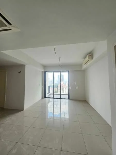 Living features: white painted walls, polished ceramic tile flooring, floor-to-ceiling windows, sliding glass door, 1 wall-mounted split AC, recessed ceiling lights, no visible furniture, city view; style: modern; view: city.