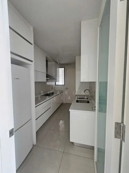 Kitchen features: white cabinetry, stainless-steel fridge, built-in oven, 4-burner gas hob, single-bowl stainless-steel sink, chrome pull-down faucet, white quartz countertop, tile backsplash, ceramic tile flooring, recessed downlights, floor-to-ceiling window, open shelving; style: modern.