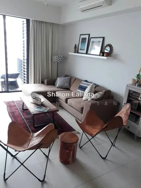 Living features: 3-seater fabric sofa in beige, coffee table, area rug with geometric pattern, 2 leather butterfly chairs, wooden side table, wall-mounted shelf with framed artwork, floor-to-ceiling windows, curtains, air conditioning unit; style: modern; view: city.