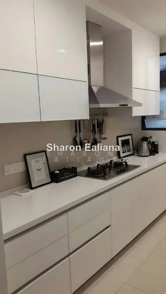 Kitchen features: white glossy cabinetry, stainless-steel range hood, 4-burner gas hob, white quartz countertop, built-in oven, kitchen utensils on wall-mounted rack, framed artwork on countertop, kettle, coffee machine, under-cabinet lighting, ceramic tile flooring; style: modern.