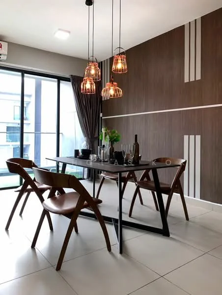 Dining features: dining table with black top and metal legs, 4 wooden dining chairs with curved backs, hanging pendant lights with glass shades, brown accent wall with vertical stripes, large sliding glass door, floor-to-ceiling windows, curtains in dark fabric, white tiled flooring, indoor plant on the table; style: modern.