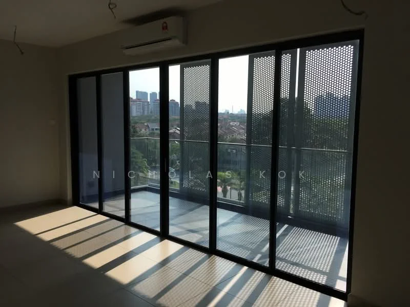 Room features: floor-to-ceiling windows, sliding glass door, grey walls, light-colored tile flooring, air conditioning unit, balcony view, natural light, metal mesh screen; style: modern; view: city.