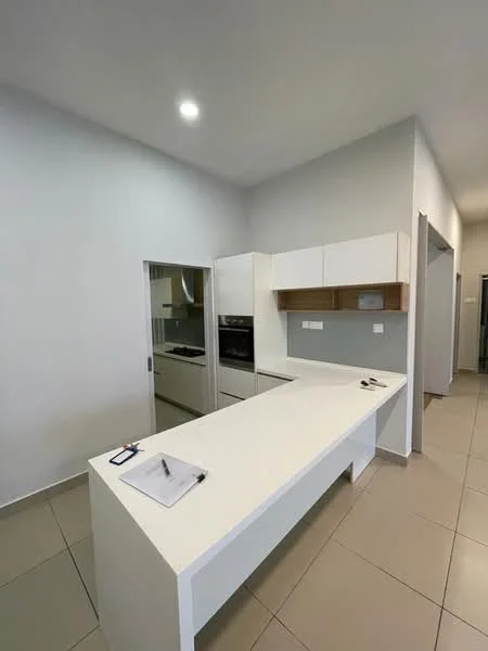 Kitchen features: white laminate cabinetry, white quartz countertop, built-in oven, stainless-steel cooktop, single-bowl stainless-steel sink, chrome pull-down faucet, tile flooring, recessed downlights, open shelving, neutral painted walls, island with seating area, modern design; style: modern.