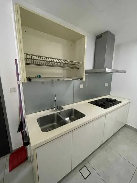 Kitchen features: single-bowl stainless-steel sink, chrome pull-down faucet, white laminate countertop, built-in gas hob, stainless-steel range hood, white cabinetry, open shelving above sink, grey tiled backsplash, grey floor tiles; style: modern.