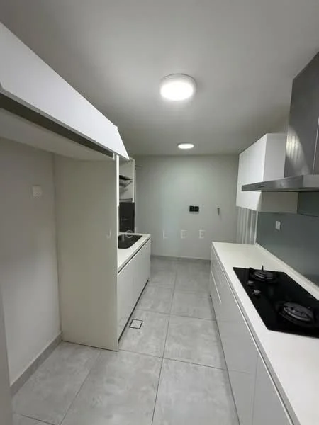 Kitchen features: white cabinetry, marble countertop, stainless-steel range hood, 4-burner gas hob, built-in oven, grey tile flooring, recessed LED downlights, single-bowl stainless-steel sink, wall-mounted cabinets, open shelving, modern minimalist design; style: modern.