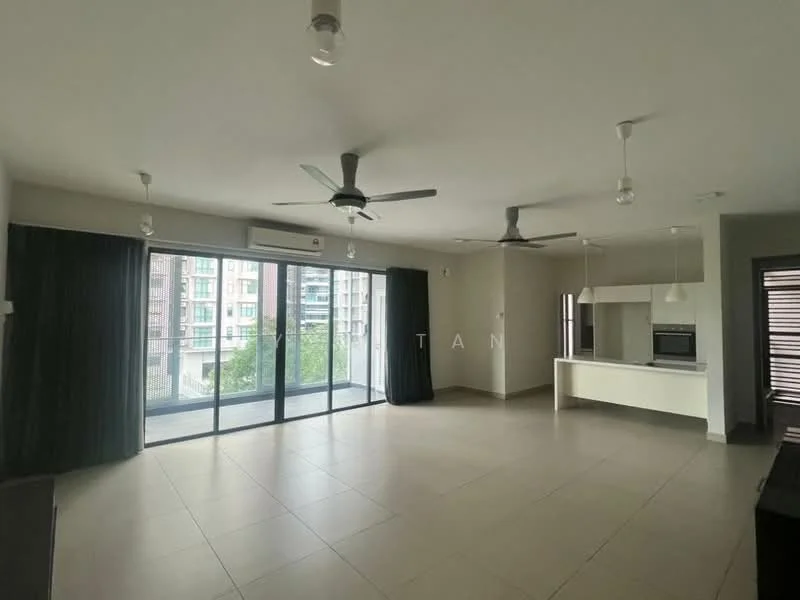 Living features: floor-to-ceiling windows, sliding glass door, 2 ceiling fans, white painted walls, tile flooring, recessed downlights, blackout curtains, open layout, kitchen island, built-in oven; style: modern; view: garden.