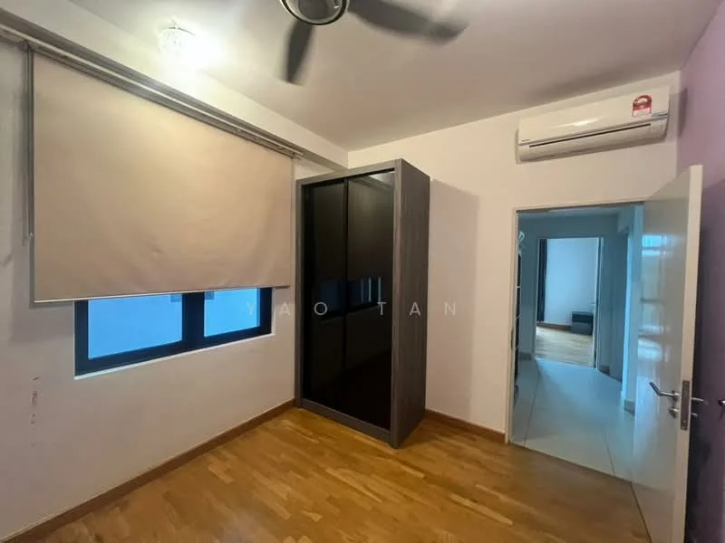Room features: wooden flooring, white painted walls, black sliding wardrobe, floor-to-ceiling windows, roller blinds, 1 wall-mounted split AC, ceiling fan, door leading to another room; style: modern.