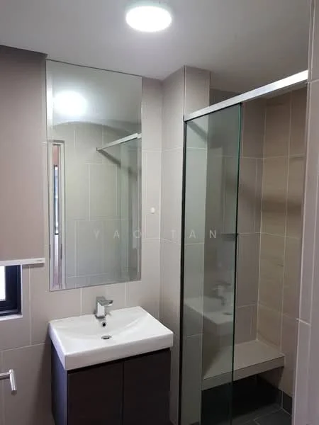 Bathroom features: single-sink vanity with wood cabinet, chrome basin mixer faucet, framed mirror, walk-in shower with glass enclosure, tile cladding on walls, grey ceramic tile flooring, recessed ceiling light, window for natural light; style: modern.