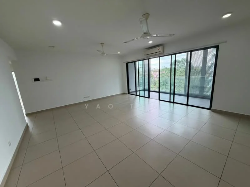 Living features: white painted walls, tile flooring, 2 ceiling fans, floor-to-ceiling windows, sliding glass door, balcony access, air conditioning unit, natural light from windows; style: modern; view: garden.