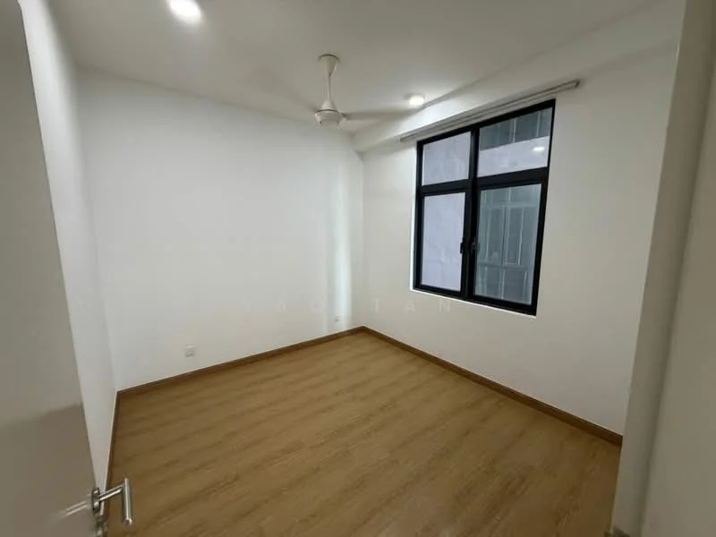 Room features: white painted walls, laminate flooring, 5-blade ceiling fan, floor-to-ceiling window, natural light, corner window, no visible furniture, neutral color scheme; style: modern.