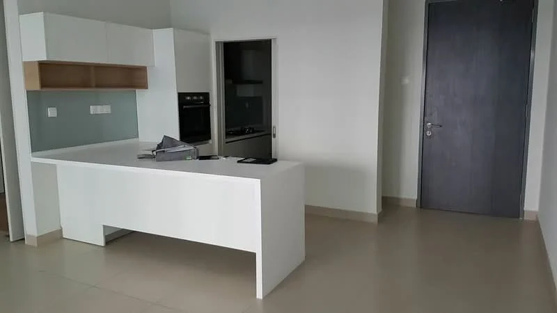 Kitchen features: white cabinetry, open shelving, built-in oven, stainless-steel range, countertop with overhang, neutral wall color, tile flooring, kitchen island, single-bowl stainless-steel sink; style: modern. Room features: grey door, neutral wall color, tile flooring.