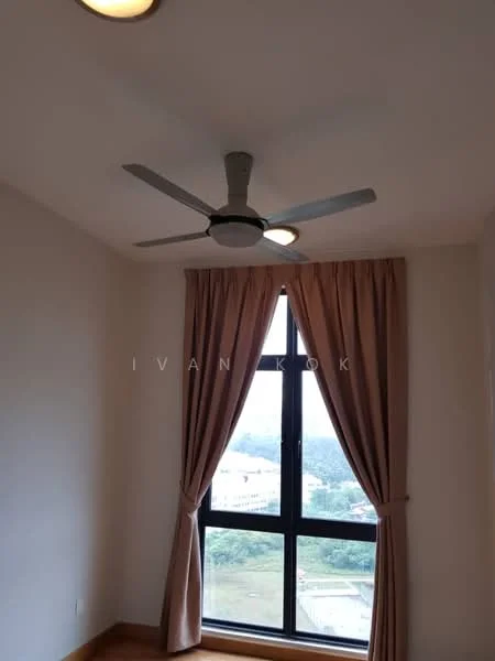 Room features: 5-blade ceiling fan with integrated LED light, floor-to-ceiling window, sheer curtains, wooden flooring, cream painted walls; view: garden.