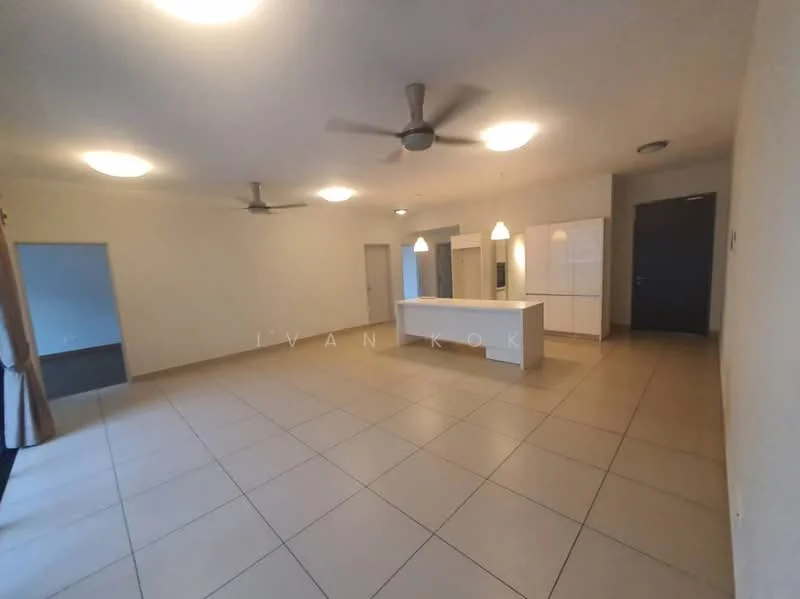 Living features: large open space, tile flooring, 2 ceiling fans, recessed ceiling lights, white walls, kitchen island with seating, pendant lighting above island, doorway to other rooms, large windows with curtains, neutral color palette; style: modern.