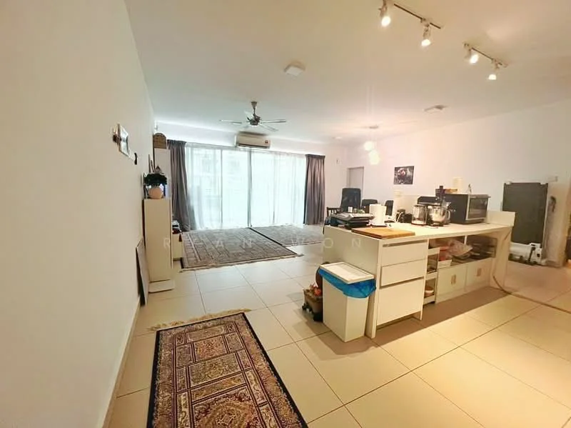 Living features: white painted walls, tile flooring, 5-blade ceiling fan with light, recessed downlights, floor-to-ceiling windows, sheer curtains, sliding glass door, area rug with geometric pattern, coffee table, TV console, open shelving, decorative mirror; style: modern; view: garden. Kitchen features: open kitchen layout, white cabinetry, countertop with breakfast bar, stainless-steel sink, built-in appliances, kettle, blender; style: modern.